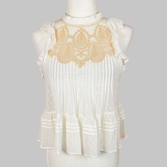 Free People Party's Not Over Sheer Blouse Size S Ivory Chiffon Lace Ruffle Fairy - Picture 1 of 6